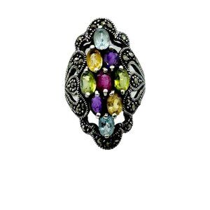 Large Sterling Silver Multi Gemstone Marcasite Ring Size 6.75 Ruby Garnet Topaz